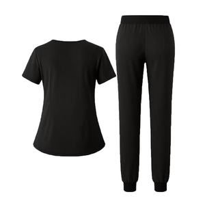 Ensemble de blouses médicales noires pour femmes, coton et polyester, uniforme d'hôpital, col en V, manches courtes, pantalon inclus, qualité supérieure - Product Image 3
