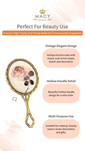 MACY BEAUTY KOREA Vintage Antique Bronze Handheld Mirror Oval <b>Vanity</b> <b>Makeup</b> Mirror with Decorative Hollow Handle Design - Product Image 2