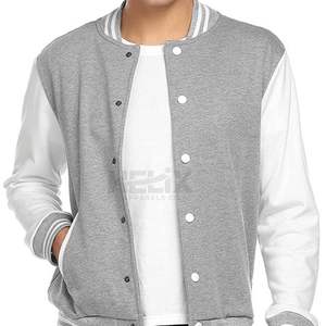 Blouson universitaire gris et blanc en cuir avec manches coupe-vent respirantes, mélange de laine, style décontracté, design personnalisé, veste de baseball à fermeture frontale - Product Image 1