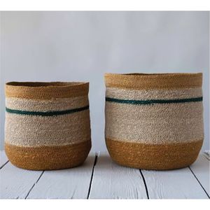 Handmade Natural Jute Woven Storage <b>Basket</b> with Green Stripe Decorative <b>Plant</b> Pot Holder <b>for</b> Home Decor Wholesale Rattan <b>Basket</b> - Product Image 1