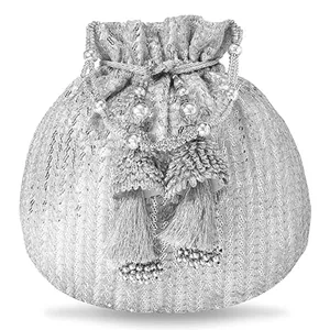 Fashionable Women Silk Patola Saddle Shape Potli <b>Bags</b> Pearl Evening <b>Bag</b> Rhinestone Drawstring Eco-Friendly Lightweight Tassel - Product Image 3