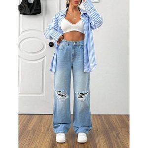 Jeans de mezclilla de corte recto y holgado, con efecto desgastado, azul hielo, 100% algodón, ecológicos, transpirables, ligeros, bonitos, vintage, de tiro alto - Product Image 6