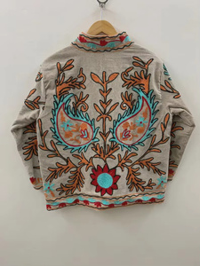 Colorful Floral Suzani Embroidered Velvet Bomber Jacket <b>Reversible</b> Boho Vintage Short <b>Coat</b> Free Size Ethnic Wear Autumn Winter - Product Image 2
