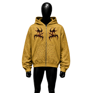 GOLD RHINESTONE ZIP UP HOODIE TRIBAL <b>GOTHIC</b> GRAPHIC Y2K STREETWEAR OVERSIZED STUDDED PUNK GRDUNGE HOODED SWEATSHIRT <b>JACKET</b> - Product Image 1