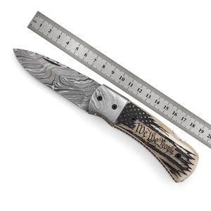 Couteau pliant de camping en acier Damas OEM personnalisé - Lame droite gravée au laser - Manche en os de chameau - We the People - Product Image 1
