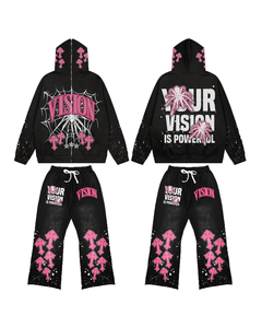 Conjunto de Sudadera con Capucha y Pantalones Anchos de Felpa de Algodón Sólido Personalizado por el Fabricante, Diseño de Diamantes de Imitación, Doble Cintura, Holgado, Oversize, Invierno - Product Image 2