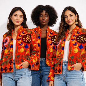 Handmade Knitted Suzani Embroidered Bomber <b>Jacket</b> Women Boho Vintage Ethnic Floral Velvet Reversible Colorful Statement Wear - Product Image 1