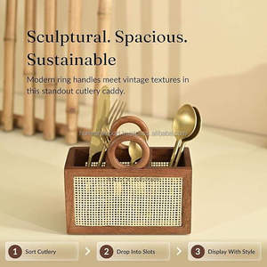 Wooden <b>Gold</b> Plated Cutlery Holder with <b>Mirror</b> Finish Rattan Panel Short Handle Classic Design for Kitchen Storage - Product Image 2