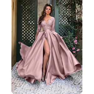 Robe de bal mauve à corsage pailleté avec fente haute sur la cuisse et jupe plissée en satin, silhouette classique et détails glamour modernes - Product Image 2