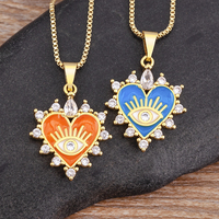 Collier Pendentif Cœur Émaillé QIKU Œil Turc Plaqué Or Bordure CZ Protection Spirituelle Charme Bohème Bijoux Prêt à Expédier