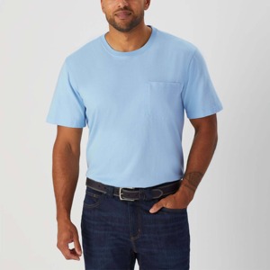 Camiseta de Algodón Azul Claro para Hombre, Corte Regular, Cuello Redondo, Manga Corta, Informal, Color Sólido, Tejido de Punto Liso - Product Image 4