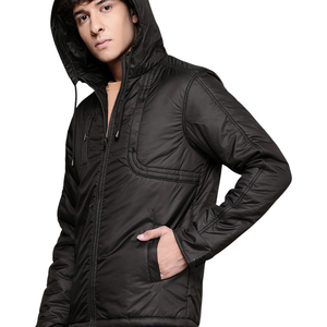 Men's <b>Black</b> Hooded Puffer <b>Jacket</b> Windproof Zipper Closure Casual Winter Wear Slim Fit Polyester Material - Product Image 1