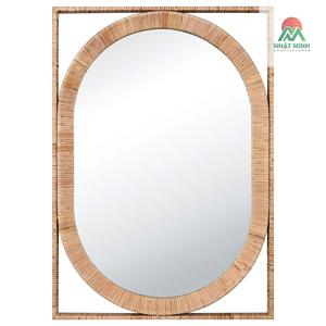 Hecho de ratán natural, caoba y madera de ingeniería. Marco rectangular con un espejo ovalado en el centro. montado en la pared. - Product Image 1