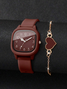 Montre en silicone pour femmes, avec cadran carré et montre-bracelet à Quartz élégante, 2 pièces/ensemble, B915 - Product Image 1