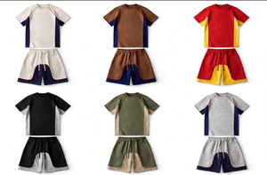 Ensemble T-shirt et short pour homme, col rond, coupe ample, 2 pièces, imprimé numérique uni, tricoté, écologique, avec logo personnalisé, grammage lourd 400 GSM - Product Image 4