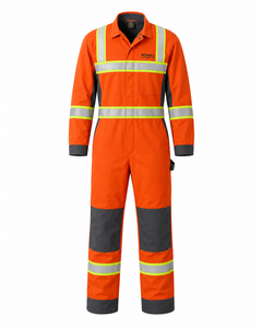 Orange Charcoal Grey Hi Vis Reflective Work Coverall Heavy Duty Industrial <b>Overall</b> with Reinforced Knees and Utility Pocket - Product Image 1