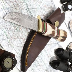 Cuchillos de Caza Resistentes de Damasco con Hoja Fija Afilada, Empuñadura de Madera Cómoda y Funda de Cuero Marrón Duradera para Camping - Product Image 4