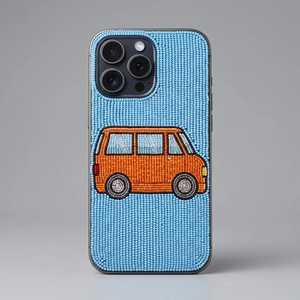Funda de Teléfono Bordada con Cuentas de Vidrio Hechas a Mano, Base de Poliéster, Forma Rectangular, Fondo Azul, Patrón de Camioneta Naranja - Product Image 5