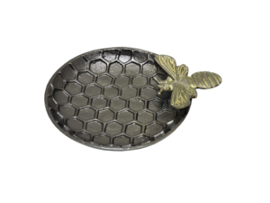 Plateau ovale en métal fait main avec motif nid d'abeille et design abeille, bol de service décoratif vintage pour la table - Product Image 2
