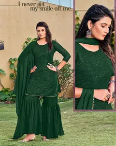 ชุดเดรสแฟชั่นดีไซน์สวยเก๋สำหรับผู้หญิง,ชุดเดรส Kurta Sharara พร้อม Dupatta-ชุดปาร์ตีแวร์สำหรับงานแต่งงานขายส่งจากสุราษฎร์อินเดีย - Product Image 1