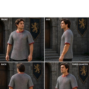 Chemise en maille de fer soudée à anneaux ronds, style antique, vêtement d'armure, doublure rouge, manches courtes - Product Image 4