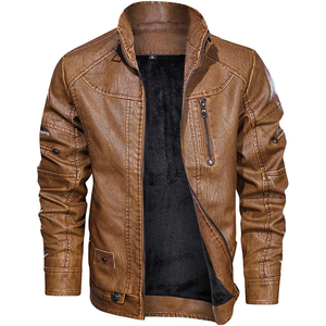 Veste de moto en cuir PU marron pour homme MANWA, col montant, fermeture éclair, coupe ajustée, manches régulières, doublure en polyester respirante - Product Image 5