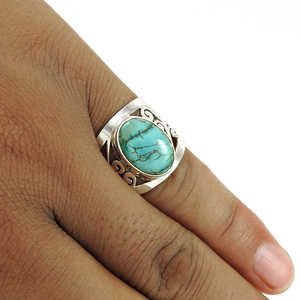 Anillo de Plata de Ley 925 de Último Diseño con Piedra Preciosa Turquesa de Corte Ovalado, Anillos Bohemios de Estilo Clásico al por Mayor - Product Image 3