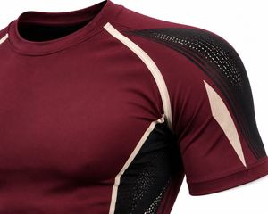 <b>Men's</b> Maroon Short Sleeve <b>Compression</b> T-<b>Shirt</b> Quick Dry Slim Fit Sporty O-Neck Knitted Solid Blank Breathable Athletic Canvas - Product Image 2