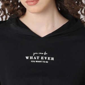 Women's <b>Black</b> <b>Cropped</b> Hoodie Casual <b>Long</b> <b>Sleeve</b> Drawstring Fleece Front Logo Top Solid - Product Image 6