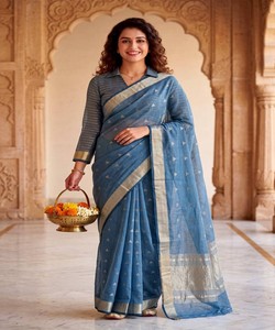 Sari en soie Banarasi de qualité supérieure avec bordure tissée et travail Zari, chemisier non cousu, tenue de soirée pour femme SHUBH- SF :-1111 85464 - Product Image 1