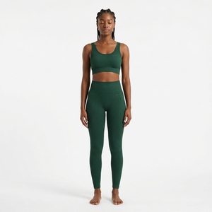 Conjunto Deportivo para Mujer, Color Verde Oscuro, Sujetador Deportivo Acanalado, Leggings de Cintura Alta, Conjunto de Yoga, Ropa Deportiva para Gimnasio y Entrenamiento - Product Image 3