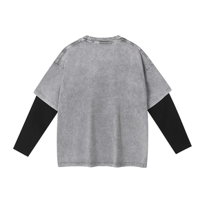Camiseta de cuello redondo gris con efecto acid wash para hombre, camiseta oversize de manga larga negra con capas, estilo streetwear, para precios de mayoreo, camisetas para hombre - Product Image 2