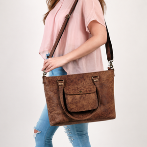 Distressed Brown Leather Tote Crossbody Bag Vintage <b>Shoulder</b> Handbag With Front Pocket And Adjustable <b>Strap</b> - Product Image 1