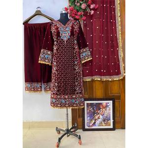 LC Designer <b>Maroon</b> Free-Size Polyester Salwar Kameez-<b>Top</b> Bottom and Dupatta for Party Wear - Product Image 2