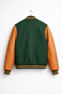 เสื้อแจ็คเก็ตหนังสีเขียวป่า แขนหนังสีน้ำตาล สำหรับผู้ชาย สไตล์ Letterman แบบเบสบอล คอตั้ง ปิดด้วยซิป ระบายอากาศได้ดี - Product Image 3