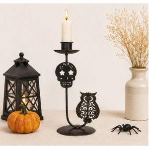 Iron Halloween <b>Candle</b> <b>Holder</b> Spooky Skull and Owl Silhouette Candlestick Stand for Taper <b>Candles</b> Table Centerpiece for Home - Product Image 2