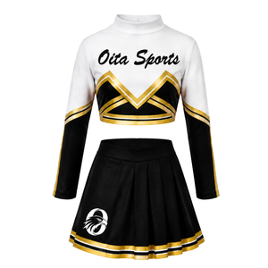 Ensemble uniforme de cheerleading noir et or sublimé à manches longues avec jupe plissée, tenue de sport athlétique pour l'entraînement et la performance, personnalisable - Product Image 2