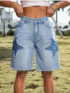 Shorts de mezclilla de cintura alta con parches de estrellas, azul claro, casuales, de verano, para mujer, transpirables, lavados con piedras, de corte holgado - Product Image 4