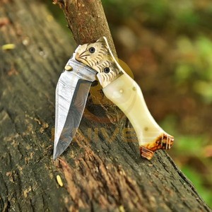 Factory Wholesale Damascus Folding <b>Knife</b> with Genuine <b>Bone</b> <b>Handle</b> Handmade Outdoor Survival Hunting Pocket <b>Knife</b> - Product Image 3