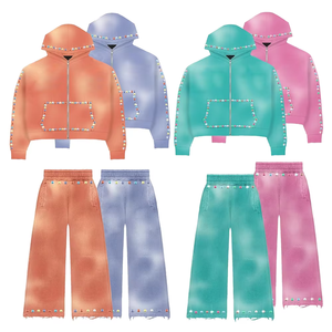 Ensemble de survêtement décontracté pour homme, 100 % personnalisé, style vintage délavé, effet soleil, avec strass, deux pièces, écologique, vente en gros - Product Image 3