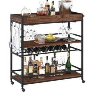 Industrial <b>Bar</b> Cart Mobile Wine Serving Trolley with Glass Rack and Bottle Holder for <b>Small</b> Space Apartment - Product Image 4