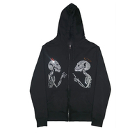 Blouson bomber noir zippé délavé à l'acide anti-boulochage avec imprimé croix gothique à paillettes et sequins, coupe ample unisexe, décontracté pour l'hiver