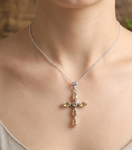 Colgante de Cruz de Plata de Ley 925 con Citrino, Chapado en Oro Rosa y Oro Amarillo, Joyería Artesanal con Gema Marquise para Unisex - Product Image 3