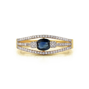 Bague de fiançailles triple couche en or jaune massif 14 carats, saphir bleu et diamants, sur mesure, cadeau pour demoiselle d'honneur - Product Image 1