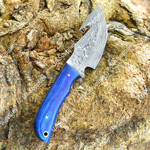 Cuchillo Skinner de Hoja Fija de Acero de Damasco Personalizado al por Mayor con Mango Estabilizado Azul, OEM ODM, para Caza, Camping, EDC, con Funda de Cuero - Product Image 4