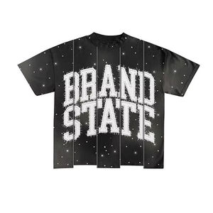 Men's Custom Rhinestone Screen Print Two Piece Cotton Acid Wash Sun Faded T Shirt and Distressed Side Stripe Sweat Shorts Sets - Product Image 3
