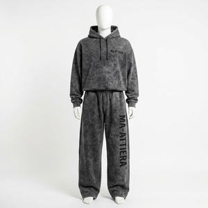 Conjunto de Sudadera con Capucha y Pantalones Jogger para Mujer, Color Gris Carbón, Lavado Ácido, Algodón y Felpa, Ropa Deportiva Urbana, Venta al Por Mayor OEM - Product Image 3