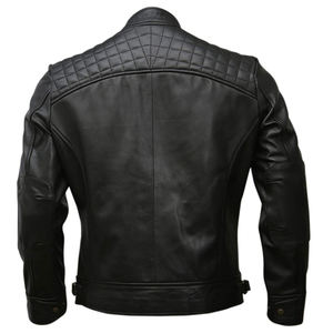 Blouson moto en cuir véritable noir pour homme, col montant, fermeture éclair, avec épaules matelassées - Product Image 2
