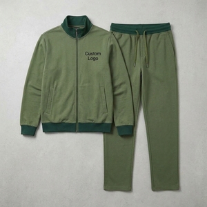 Wholesale Olive Green Full Zip <b>Track</b> <b>Jacket</b> And Pants Set Contrast Rib Trim Cotton French Terry Casual Jogging Tracksuit <b>Men</b> - Product Image 1