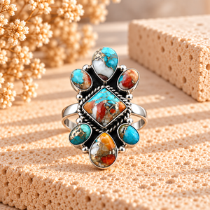 แหวนทองแดงประดับมุกเทอร์ควอยซ์รูปทรงลูกแพร์ รูปไข่ รูปทรงสี่เหลี่ยม ประดับเพชรเต็มวง แหวนทำมือสไตล์โบฮีเมียนตะวันตก เครื่องประดับอัญมณี - Product Image 1